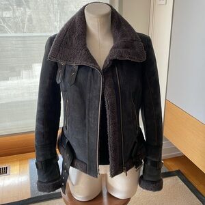 BOSS ORANGE Black Leather Jacket with Shearling Lining